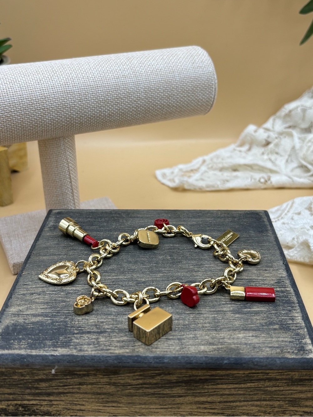 Vintage Dolce & Gabbana D&G Gold Tone Lipstick Rose Charm Bracelet Italy